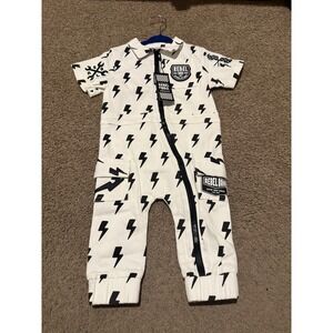 Rebel Bro Kids Lightning Bolt Zip Up Cargo Coverall White Black 12-18M NWT